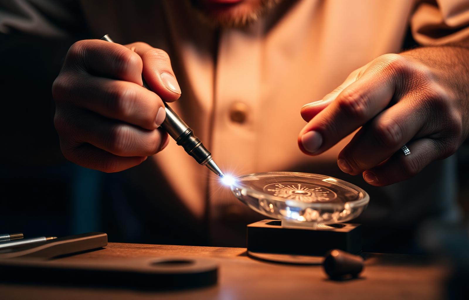 Hands of a master craftsman engraving crystal glass