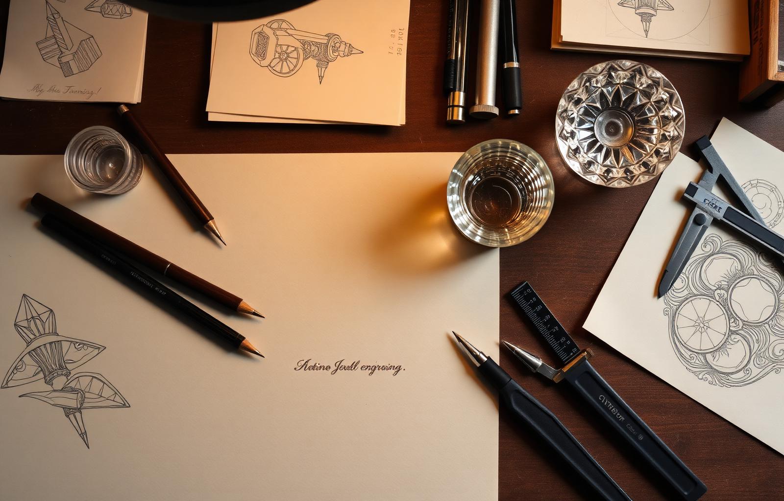 Engraver's workbench with sketches and tools